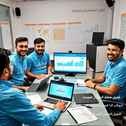 Five young Iranian male journalists with diverse, cheerful expressions, wearing sky blue shirts featuring the Narvan logo, sitting around a table in a news office in Iran