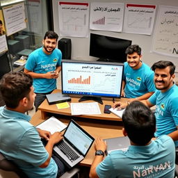 Five young Iranian male journalists with diverse, cheerful expressions, wearing sky blue shirts featuring the Narvan logo, sitting around a table in a news office in Iran
