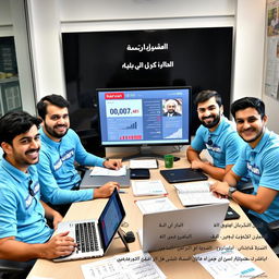 Five young Iranian male journalists with diverse, cheerful expressions, wearing sky blue shirts featuring the Narvan logo, sitting around a table in a news office in Iran