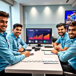 Five young Iranian male journalists with diverse and cheerful expressions sitting around a table in a news office in Iran