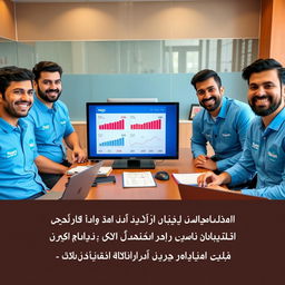 Five young Iranian male journalists with diverse and cheerful expressions sitting around a table in a news office in Iran