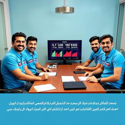 Five young Iranian male journalists with diverse and cheerful expressions sitting around a table in a news office in Iran