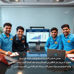 Five young Iranian male journalists with diverse and cheerful expressions sitting around a table in a news office in Iran