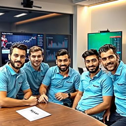 Five young male Iranian journalists with diverse, random facial expressions sitting around a table in a news office