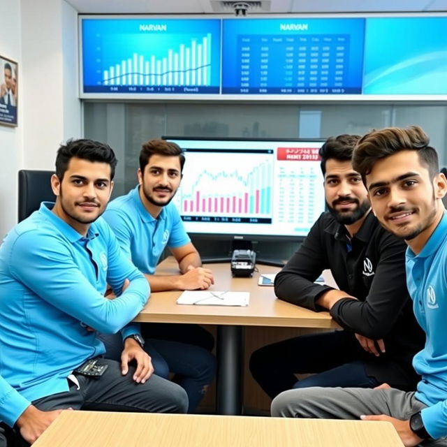 Five young male Iranian journalists with diverse, random facial expressions sitting around a table in a news office