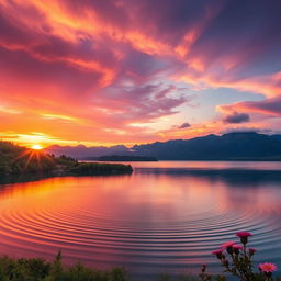 A vivid, high-resolution landscape featuring a breathtaking sunset over a serene lake, surrounded by lush greenery and distant mountains