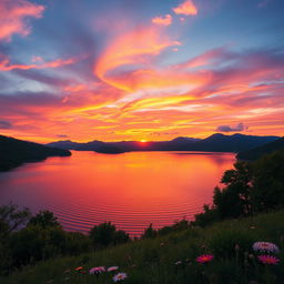 A vivid, high-resolution landscape featuring a breathtaking sunset over a serene lake, surrounded by lush greenery and distant mountains
