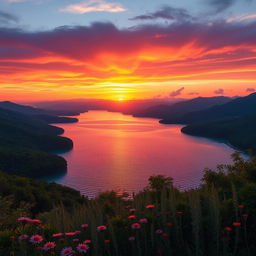 A vivid, high-resolution landscape featuring a breathtaking sunset over a serene lake, surrounded by lush greenery and distant mountains