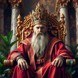A majestic, powerful king seated on an ornate throne adorned with intricate designs