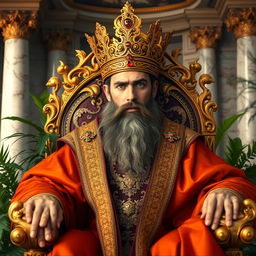 A majestic, powerful king seated on an ornate throne adorned with intricate designs