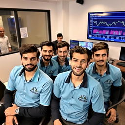 Five young male Iranian journalists with varying and random facial expressions seated around a table in a news office
