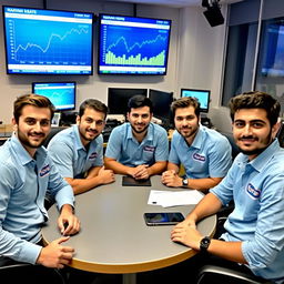 Five young male Iranian journalists with varying and random facial expressions seated around a table in a news office