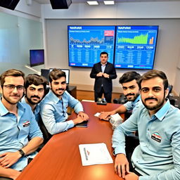 Five young male Iranian journalists with varying and random facial expressions seated around a table in a news office