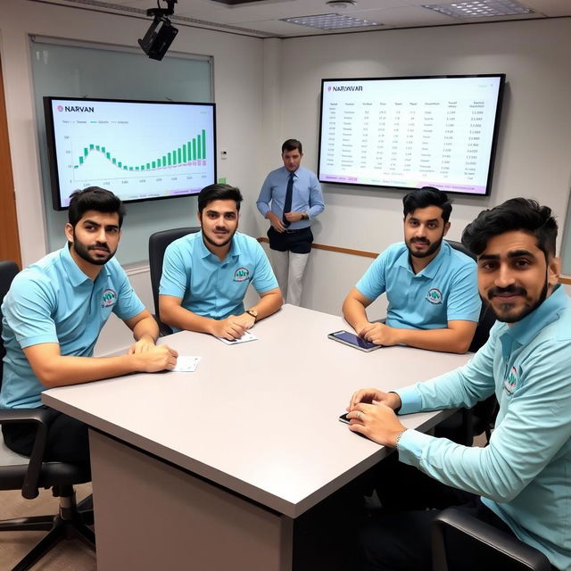 Five young male Iranian journalists with varying and random facial expressions seated around a table in a news office