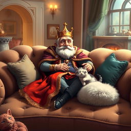 A whimsical scene depicting a regal figure, the King of the Couch, lounging elegantly on an oversized plush couch