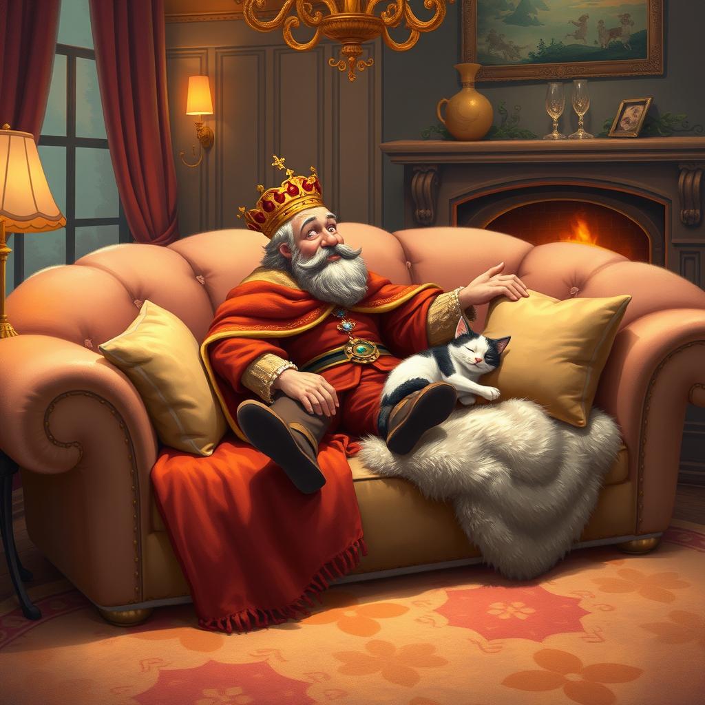 A whimsical scene depicting a regal figure, the King of the Couch, lounging elegantly on an oversized plush couch