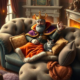 A whimsical scene depicting a regal figure, the King of the Couch, lounging elegantly on an oversized plush couch
