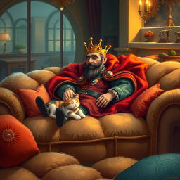 A whimsical scene depicting a regal figure, the King of the Couch, lounging elegantly on an oversized plush couch
