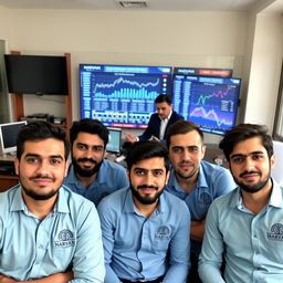 Five young male Iranian journalists with various and random facial expressions, seated around a table in a news office in Iran