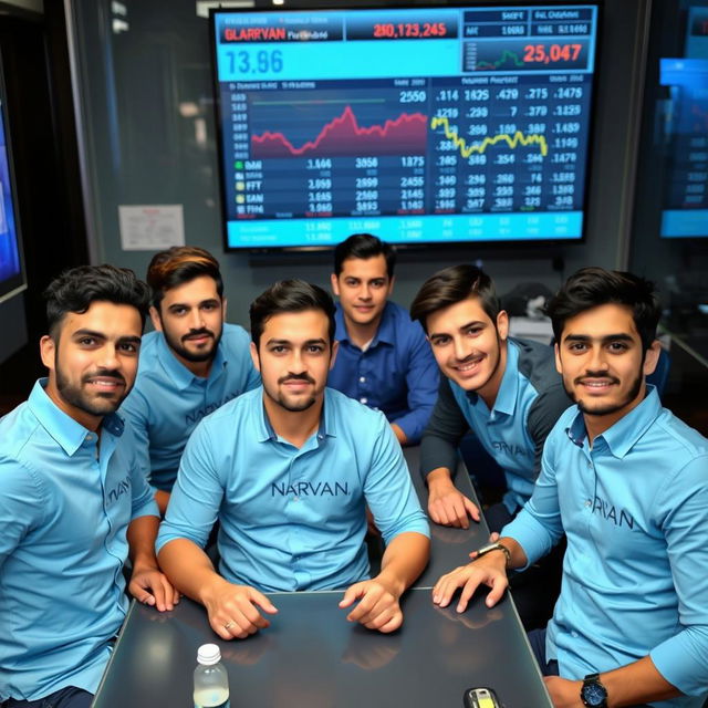 Five young male Iranian journalists with various and random facial expressions, seated around a table in a news office in Iran