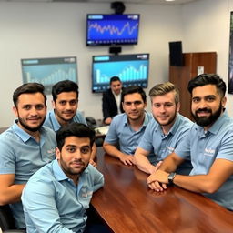 Five young male Iranian journalists with various and random facial expressions, seated around a table in a news office in Iran