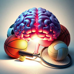 A dynamic 3D representation of a powerful human brain symbolizing mental strength in sports, surrounded by various sports equipment including a football, basketball, volleyball, and tennis racket