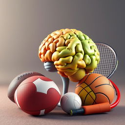 A dynamic 3D representation of a powerful human brain symbolizing mental strength in sports, surrounded by various sports equipment including a football, basketball, volleyball, and tennis racket