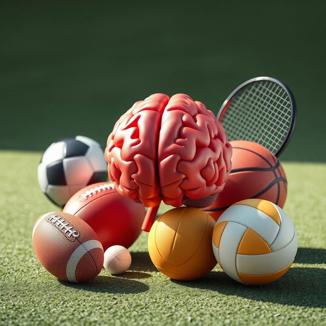 A dynamic 3D representation of a powerful human brain symbolizing mental strength in sports, surrounded by various sports equipment including a football, basketball, volleyball, and tennis racket