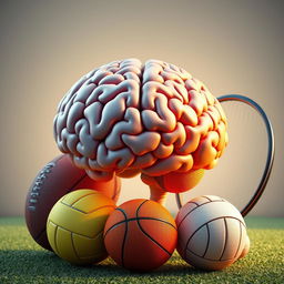 A dynamic 3D representation of a powerful human brain symbolizing mental strength in sports, surrounded by various sports equipment including a football, basketball, volleyball, and tennis racket