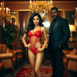 In a glamorous 1992 setting, a charming British Bengali woman is posing confidently in alluring red lingerie, accentuated by stylish black pointed stilettos
