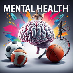 A dynamic and visually striking 3D image showcasing a powerful human brain symbolizing mental strength in sports, surrounded by a football, basketball, volleyball, and tennis racket