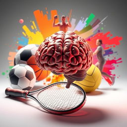 A dynamic and visually striking 3D image showcasing a powerful human brain symbolizing mental strength in sports, surrounded by a football, basketball, volleyball, and tennis racket