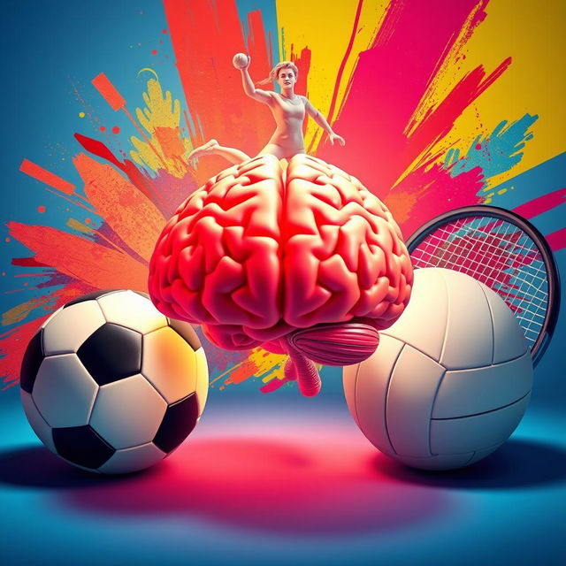 A dynamic and visually striking 3D image showcasing a powerful human brain symbolizing mental strength in sports, surrounded by a football, basketball, volleyball, and tennis racket