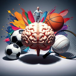 A dynamic and visually striking 3D image showcasing a powerful human brain symbolizing mental strength in sports, surrounded by a football, basketball, volleyball, and tennis racket
