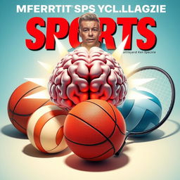 An engaging 3D image for a magazine cover that features a powerful human brain symbolizing mental strength in sports, surrounded by a football, basketball, volleyball, and tennis racket