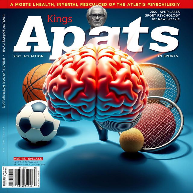 An engaging 3D image for a magazine cover that features a powerful human brain symbolizing mental strength in sports, surrounded by a football, basketball, volleyball, and tennis racket