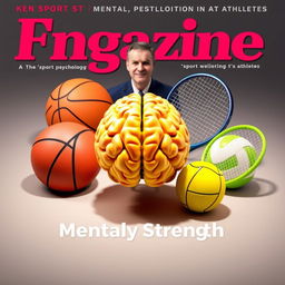 An engaging 3D image for a magazine cover that features a powerful human brain symbolizing mental strength in sports, surrounded by a football, basketball, volleyball, and tennis racket