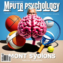 An engaging 3D image for a magazine cover that features a powerful human brain symbolizing mental strength in sports, surrounded by a football, basketball, volleyball, and tennis racket