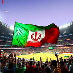 A vibrant and dynamic scene depicting a stadium filled with enthusiastic fans waving a large Iranian flag