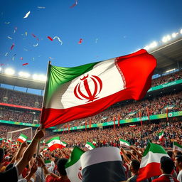 A vibrant and dynamic scene depicting a stadium filled with enthusiastic fans waving a large Iranian flag