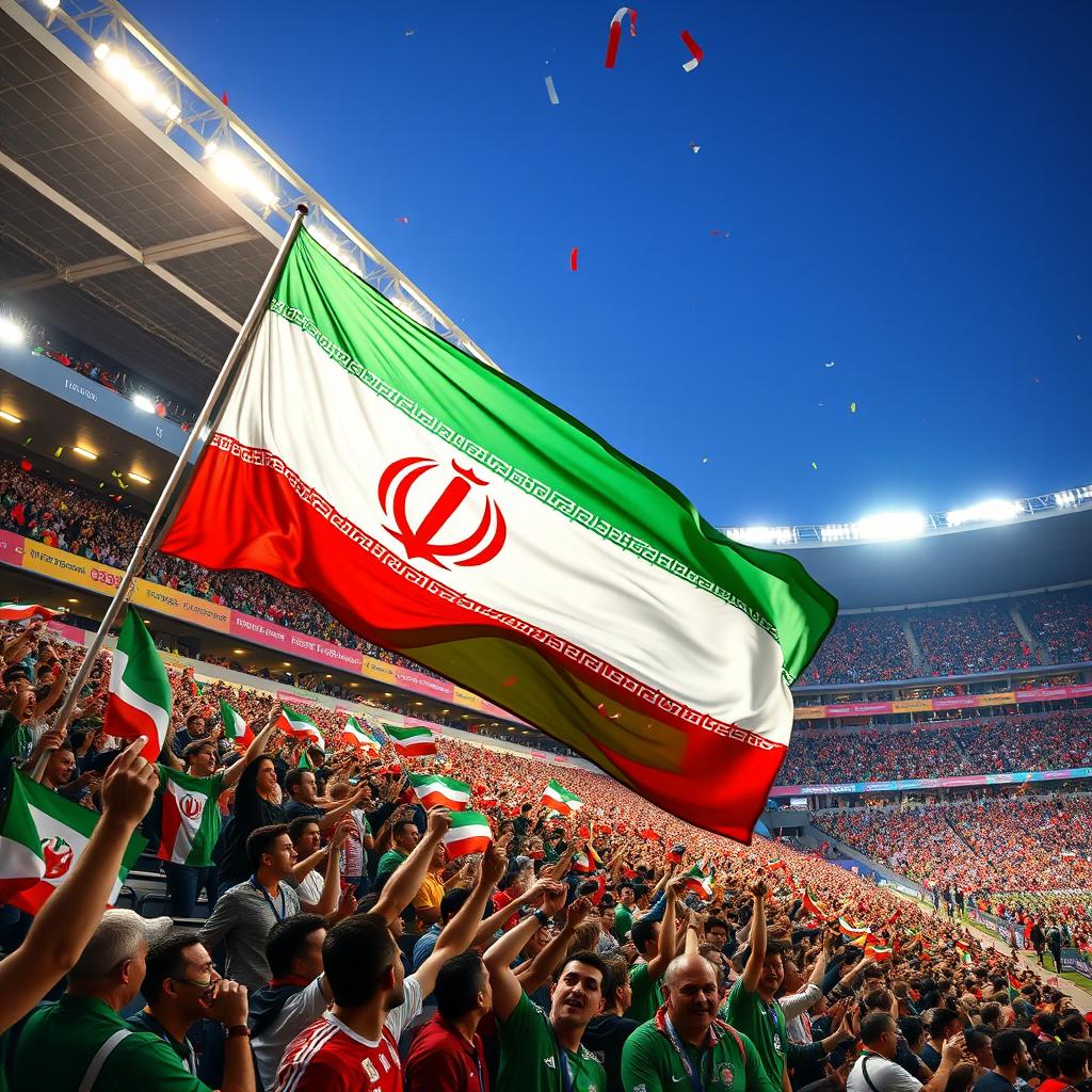 A vibrant and dynamic scene depicting a stadium filled with enthusiastic fans waving a large Iranian flag