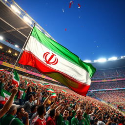 A vibrant and dynamic scene depicting a stadium filled with enthusiastic fans waving a large Iranian flag