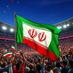 A vibrant and dynamic scene depicting a stadium filled with enthusiastic fans waving a large Iranian flag