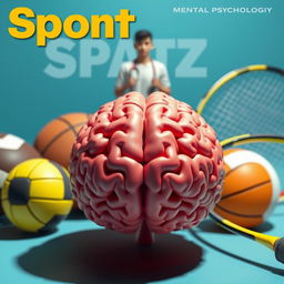 An impactful 3D image for a magazine cover that features a powerful human brain, symbolizing mental strength in sports, prominently displayed in the foreground