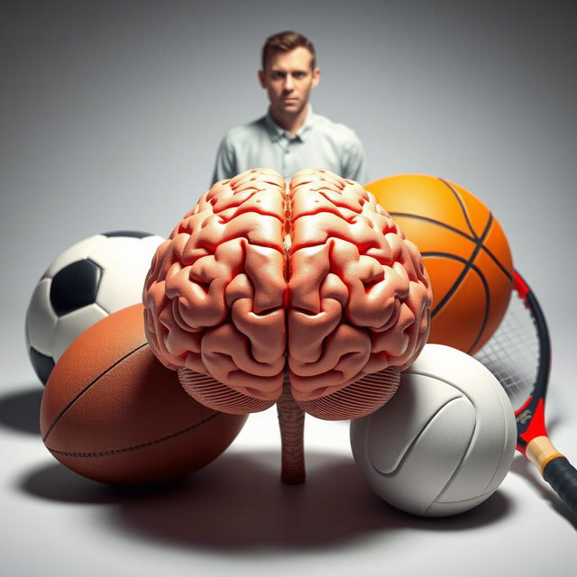 An impactful 3D image for a magazine cover that features a powerful human brain, symbolizing mental strength in sports, prominently displayed in the foreground