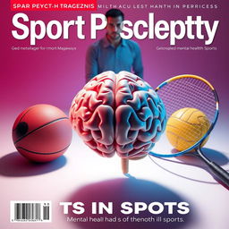 An impactful 3D image for a magazine cover that features a powerful human brain, symbolizing mental strength in sports, prominently displayed in the foreground