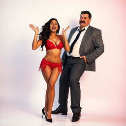 A vibrant 1992-themed photoshoot featuring a small, sexy British Bengali woman dressed in alluring loose red lingerie and black pointed stiletto high heels