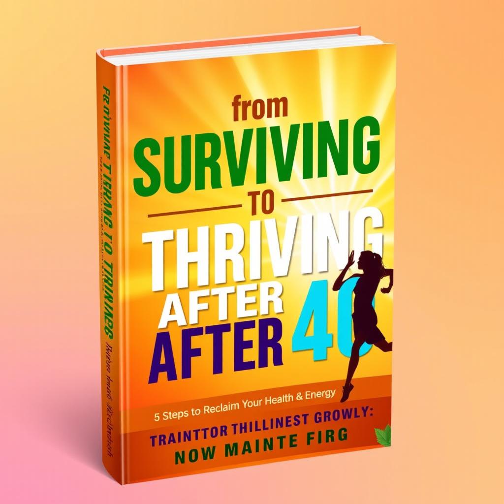 A vibrant book cover design for 'From Surviving to Thriving After 40: 5 Steps to Reclaim Your Health & Energy (Based on My Transformation Story)'