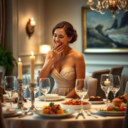 A graceful and elegant woman in a formal dining setting, dressed in a classy evening gown, smiling and gently covering her mouth as she politely burps