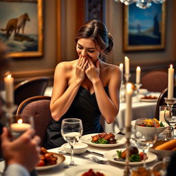 A graceful and elegant woman in a formal dining setting, dressed in a classy evening gown, smiling and gently covering her mouth as she politely burps